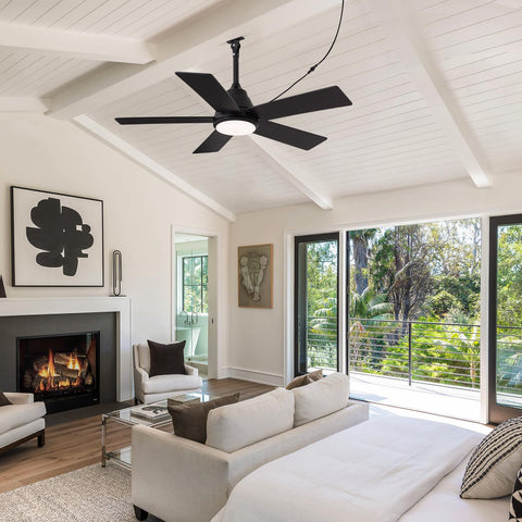 SPACORA indoor outdoor rated ceiling fan in a cozy living room setup