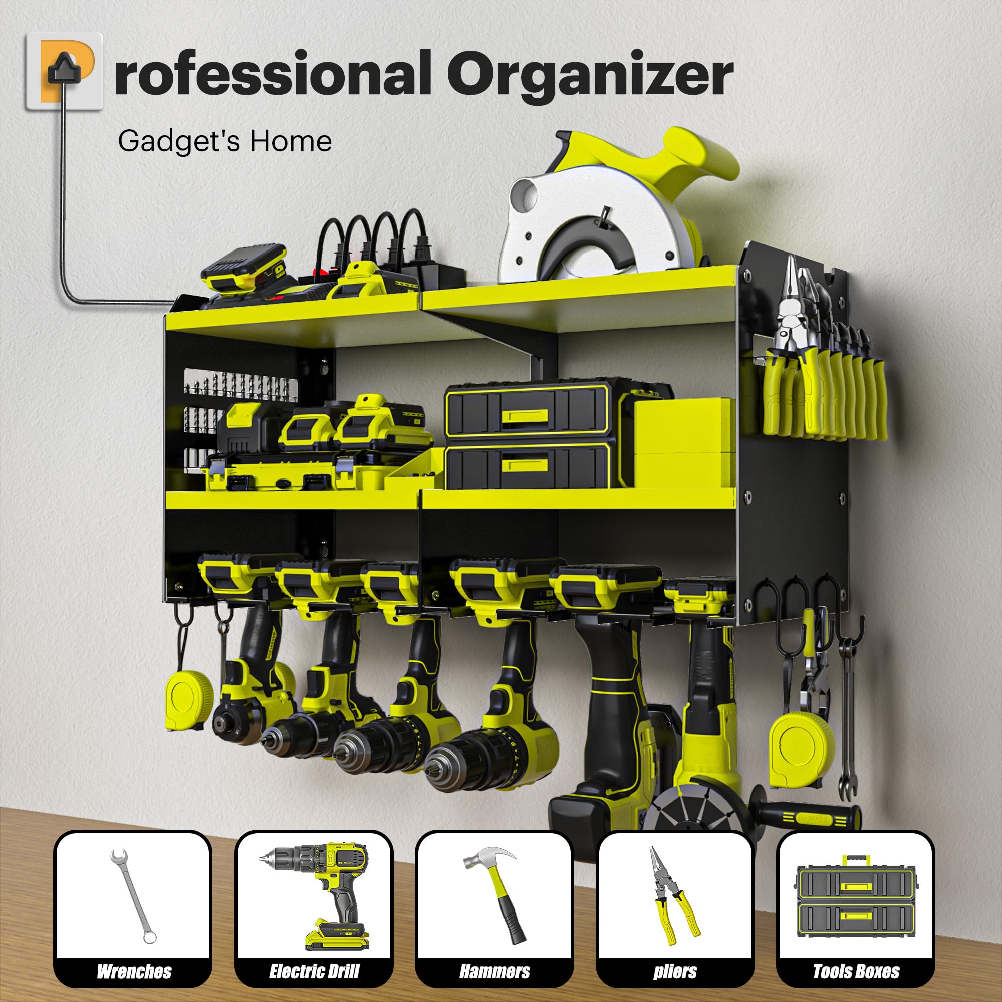 Spampur four-outlet power strip integrated for convenient tool charging.