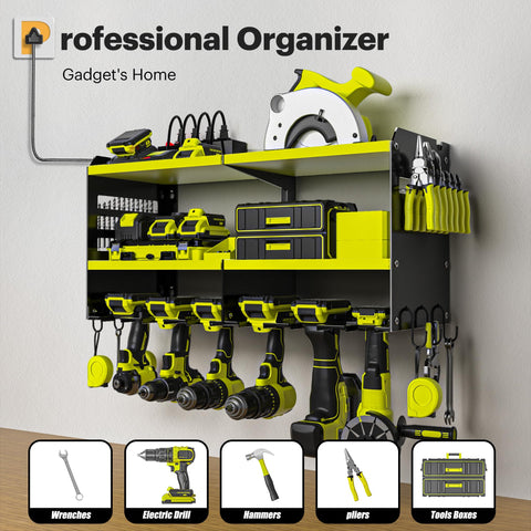 Spampur four-outlet power strip integrated for convenient tool charging.