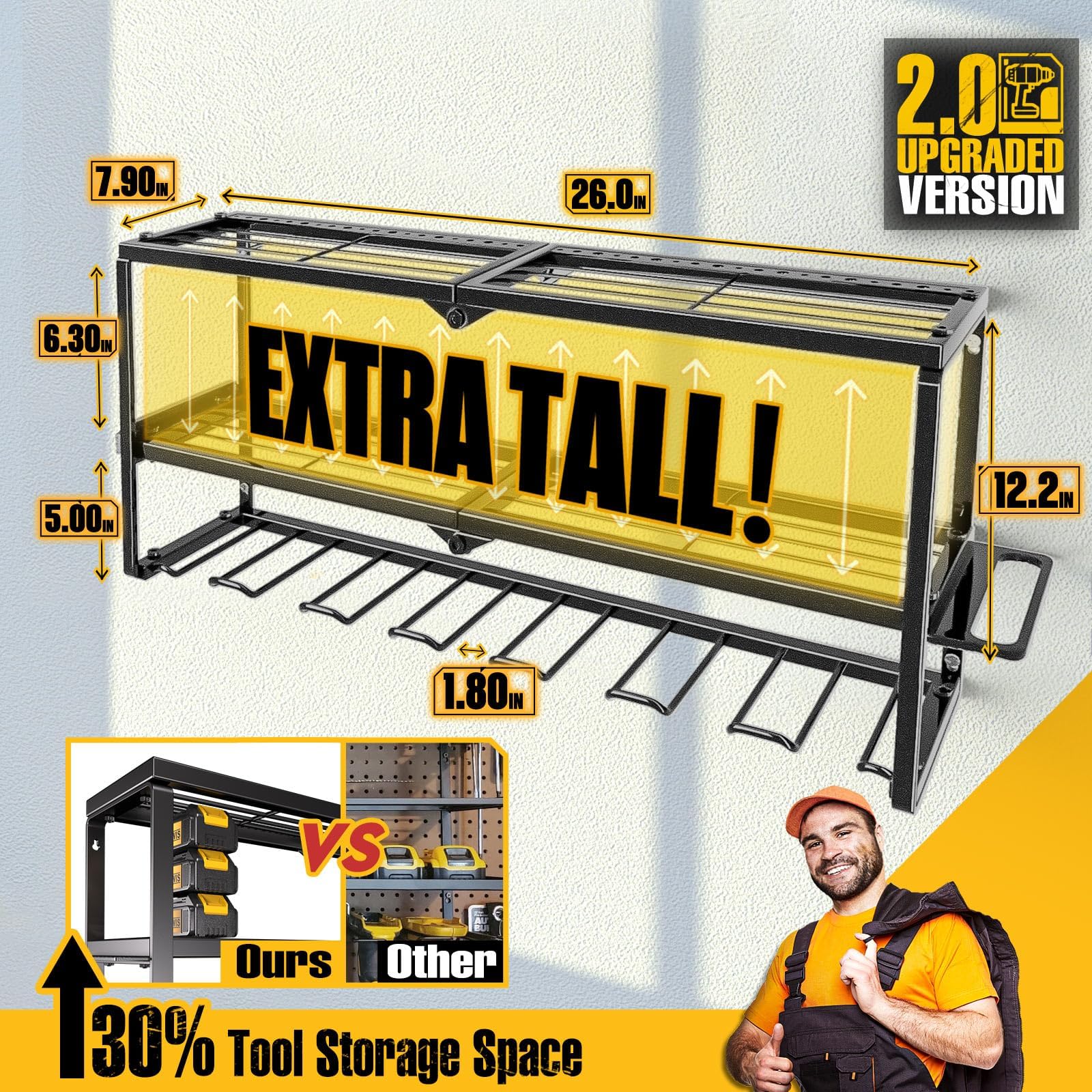 Spampur heavy-duty metal tool shelf holds large batteries and gear securely