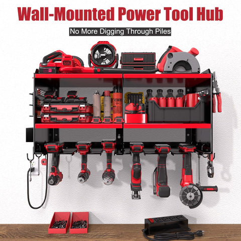 Spampur heavy-duty steel garage rack supports multiple tools for a tidy workspace.