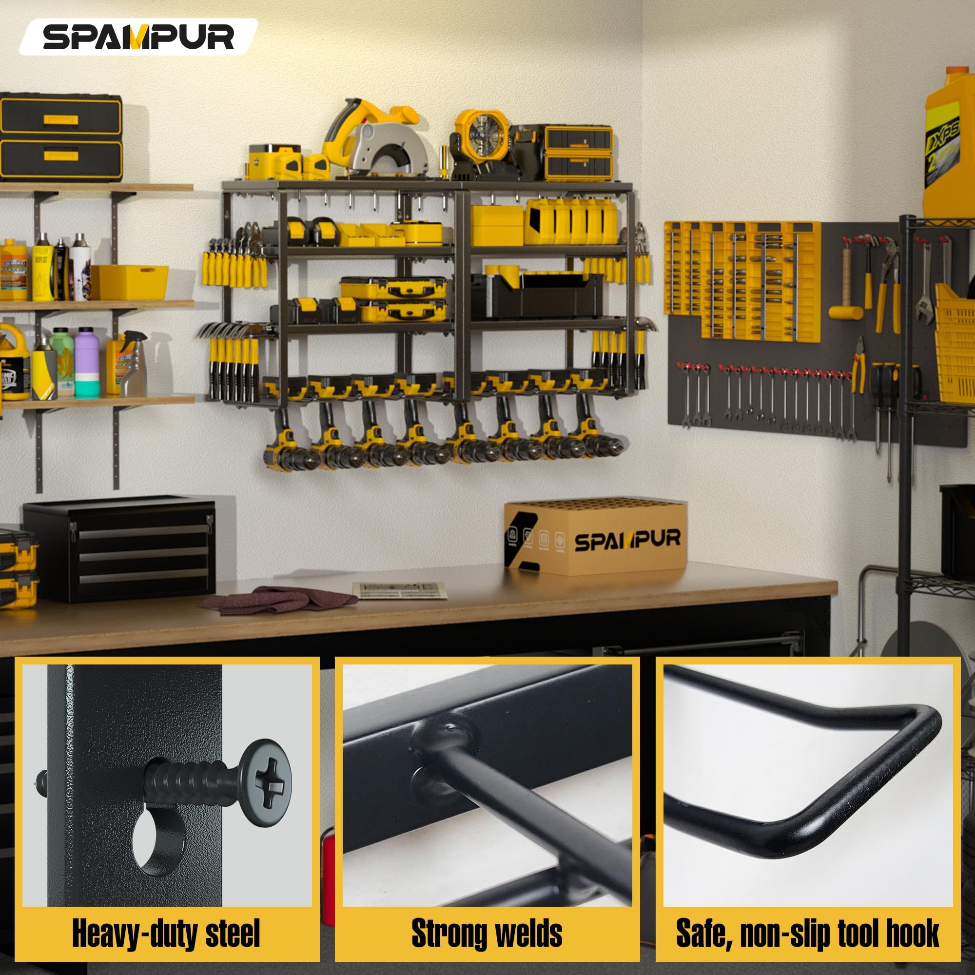 Wall installation on studs with non-slip hooks ensures secure mounting.