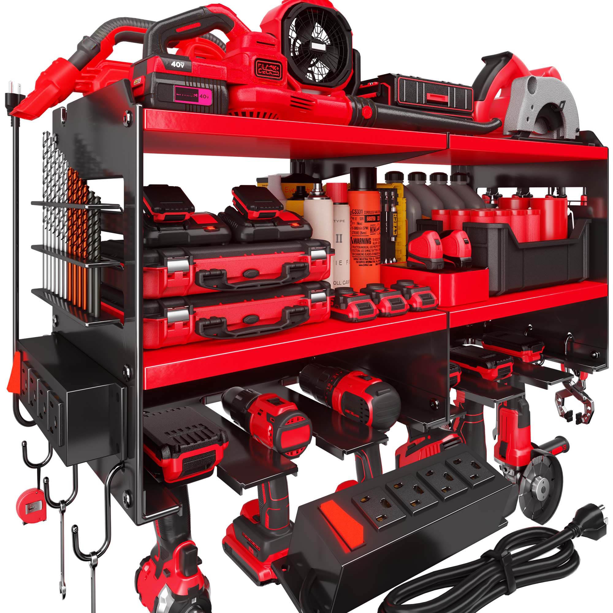 Spampur power tool organizer wall mount with 4-outlet strip keeps chargers accessible.