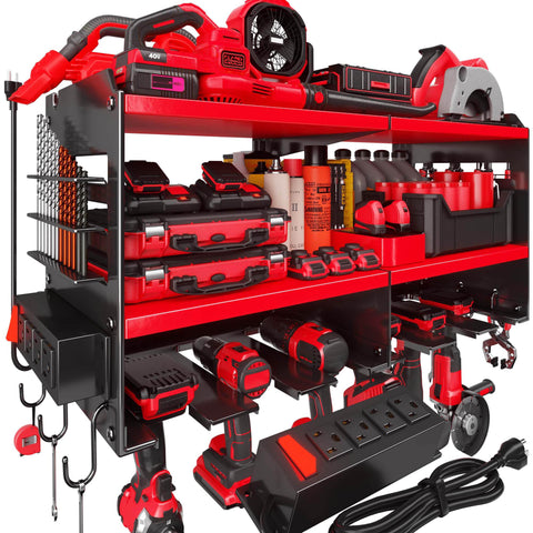 Spampur power tool organizer wall mount with 4-outlet strip keeps chargers accessible.