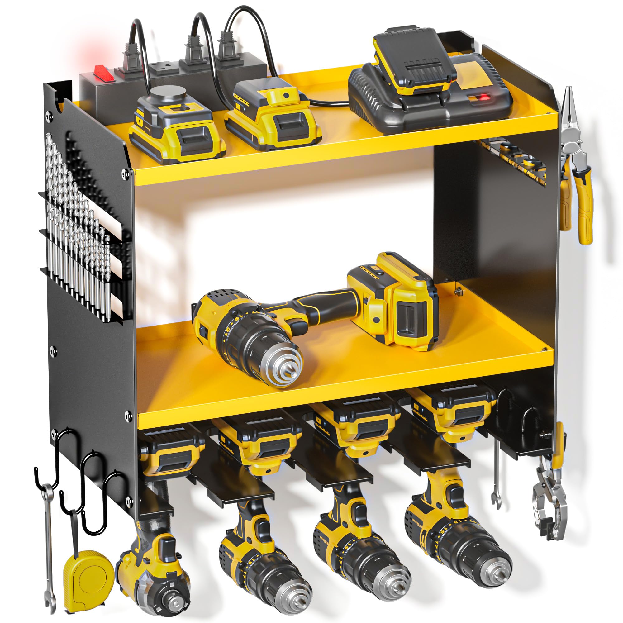 Spampur power tool organizer front view wall mount for organized garage storage.