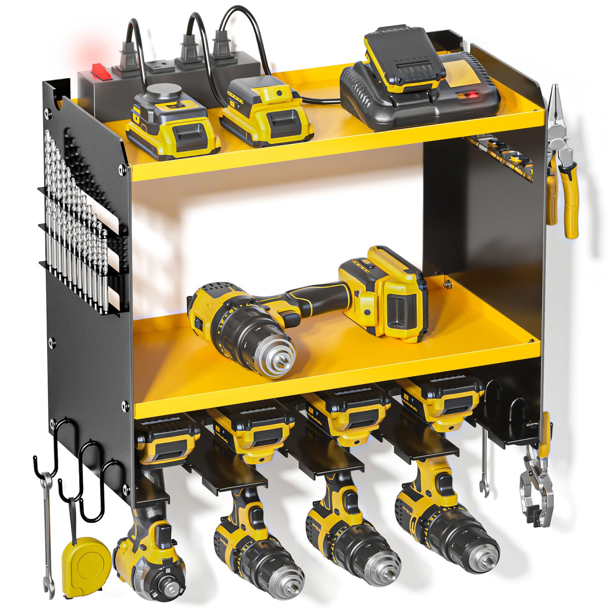 Spampur power tool organizer front view wall mount for organized garage storage.