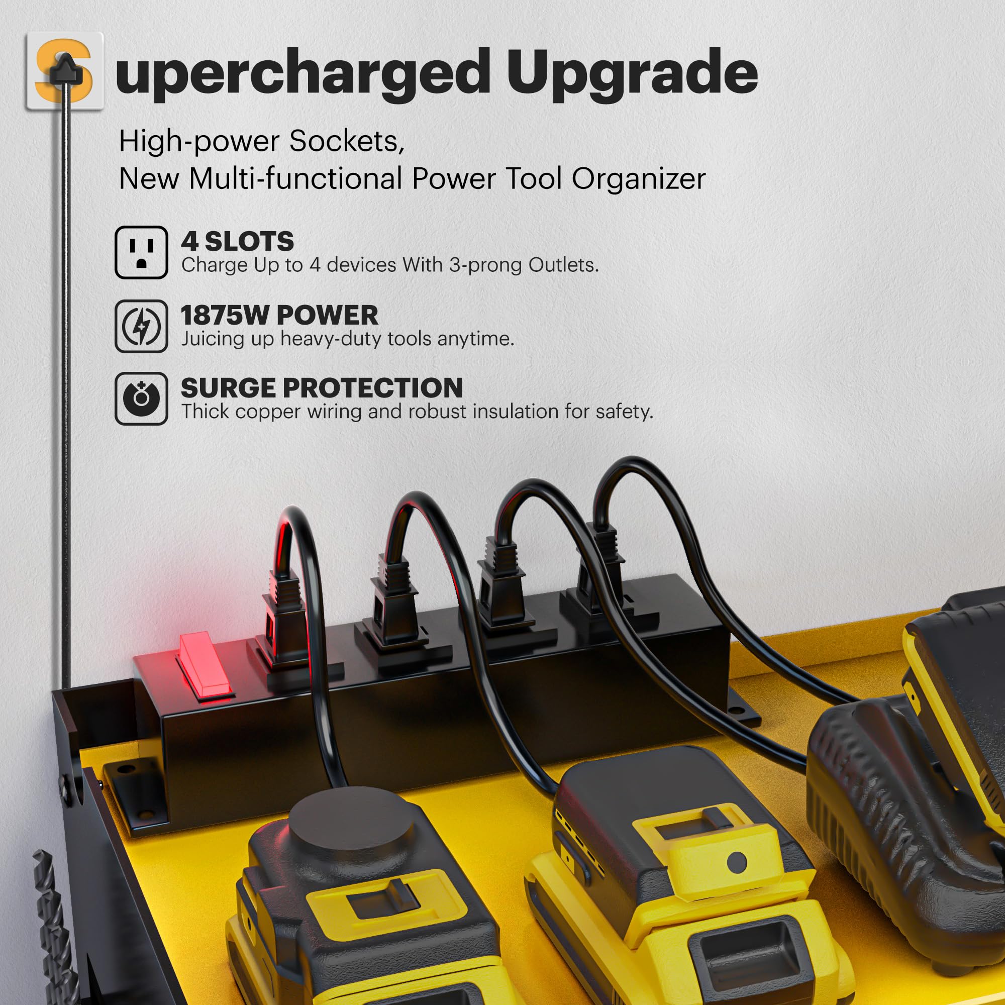 Spampur wall mount side storage area keeps drill bits and screwdrivers ready.