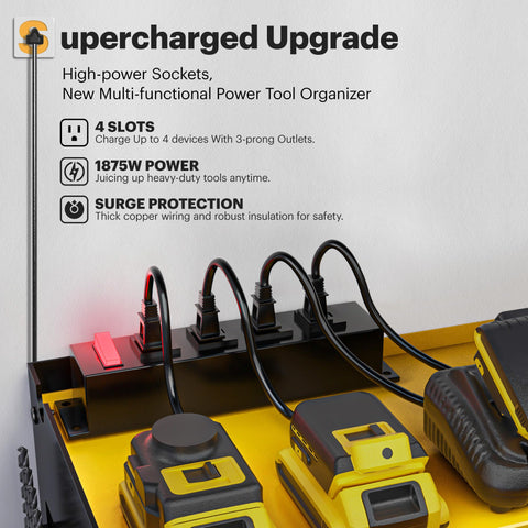 Spampur wall mount side storage area keeps drill bits and screwdrivers ready.