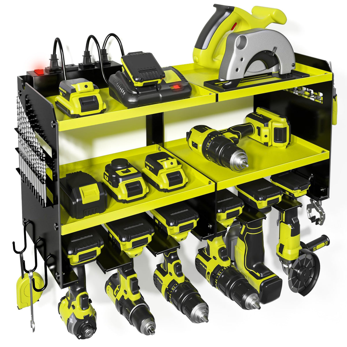 Spampur power tool organizer wall mount keeps cordless drills neatly organized.