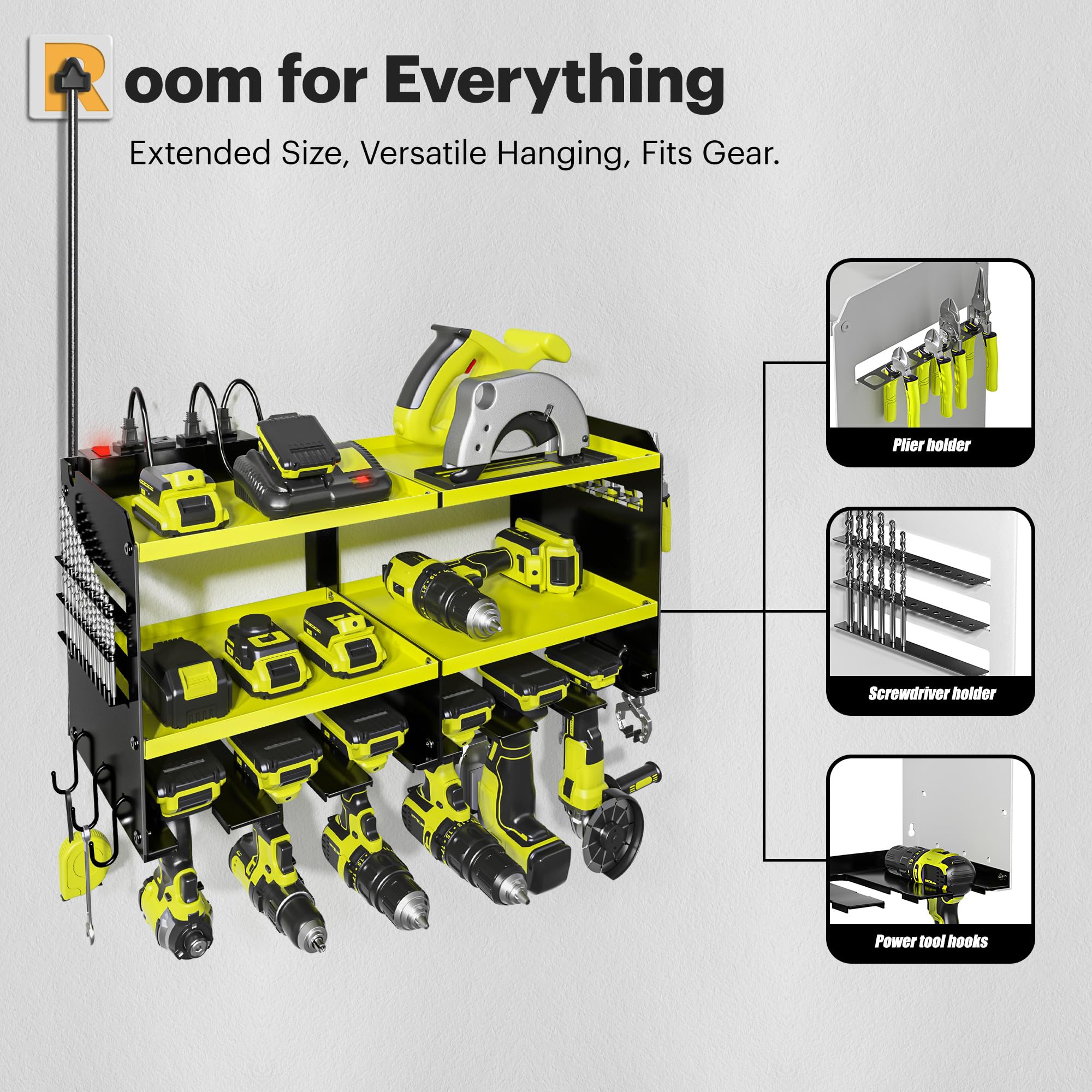 Spampur six-slot rack holds drills, batteries and accessories securely.