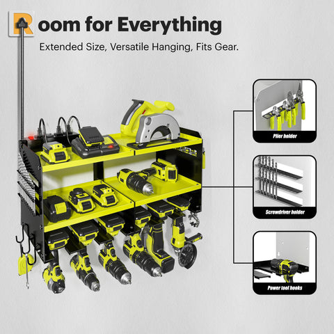 Spampur six-slot rack holds drills, batteries and accessories securely.