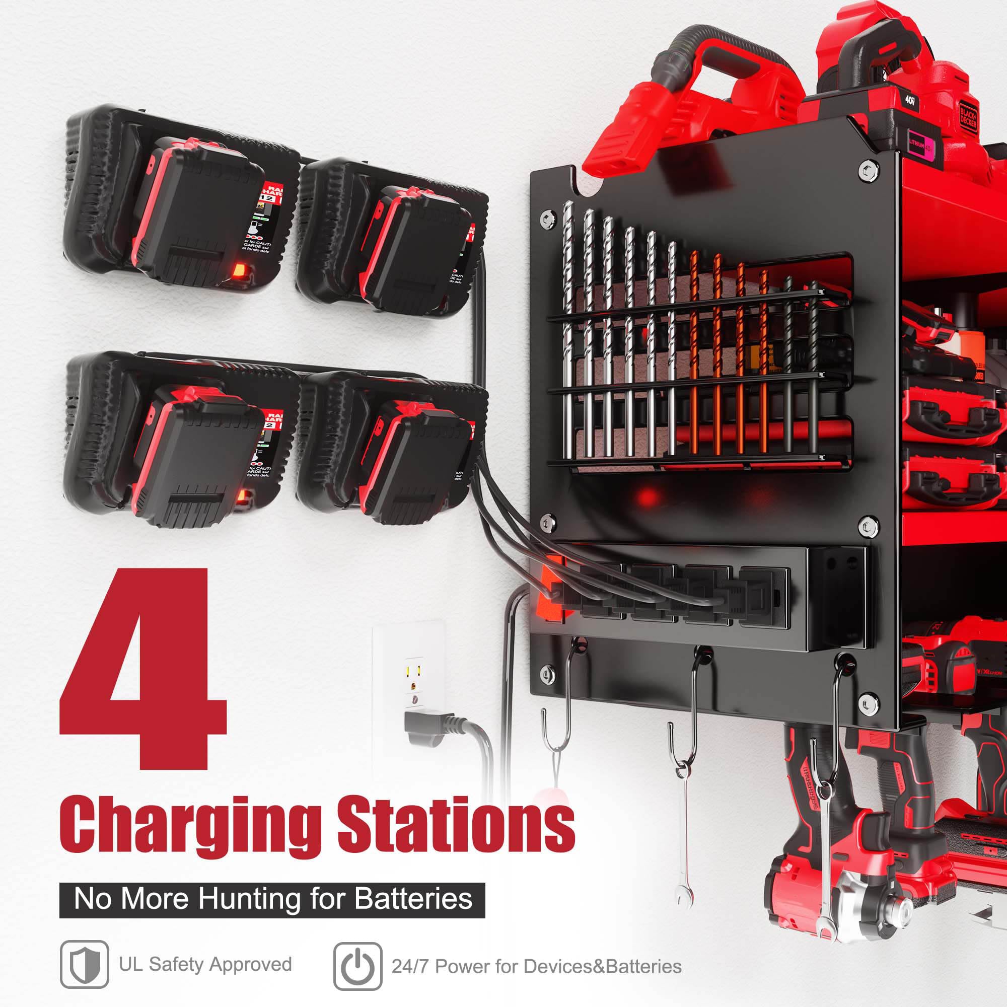Spampur wall-mount charging station for drills ensures batteries stay charged.
