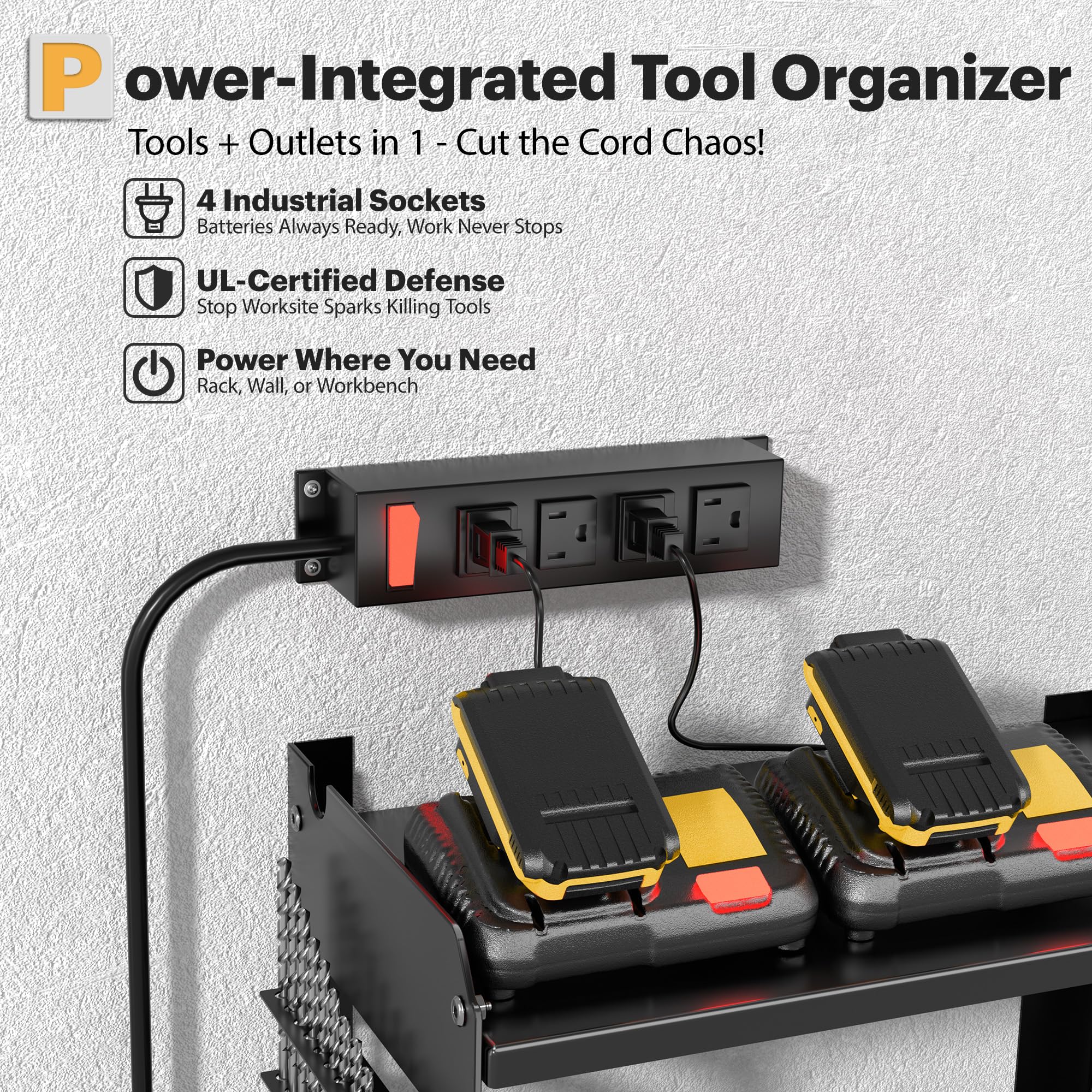 Spampur wall-mounted tool rack with charging station for convenient battery charging.