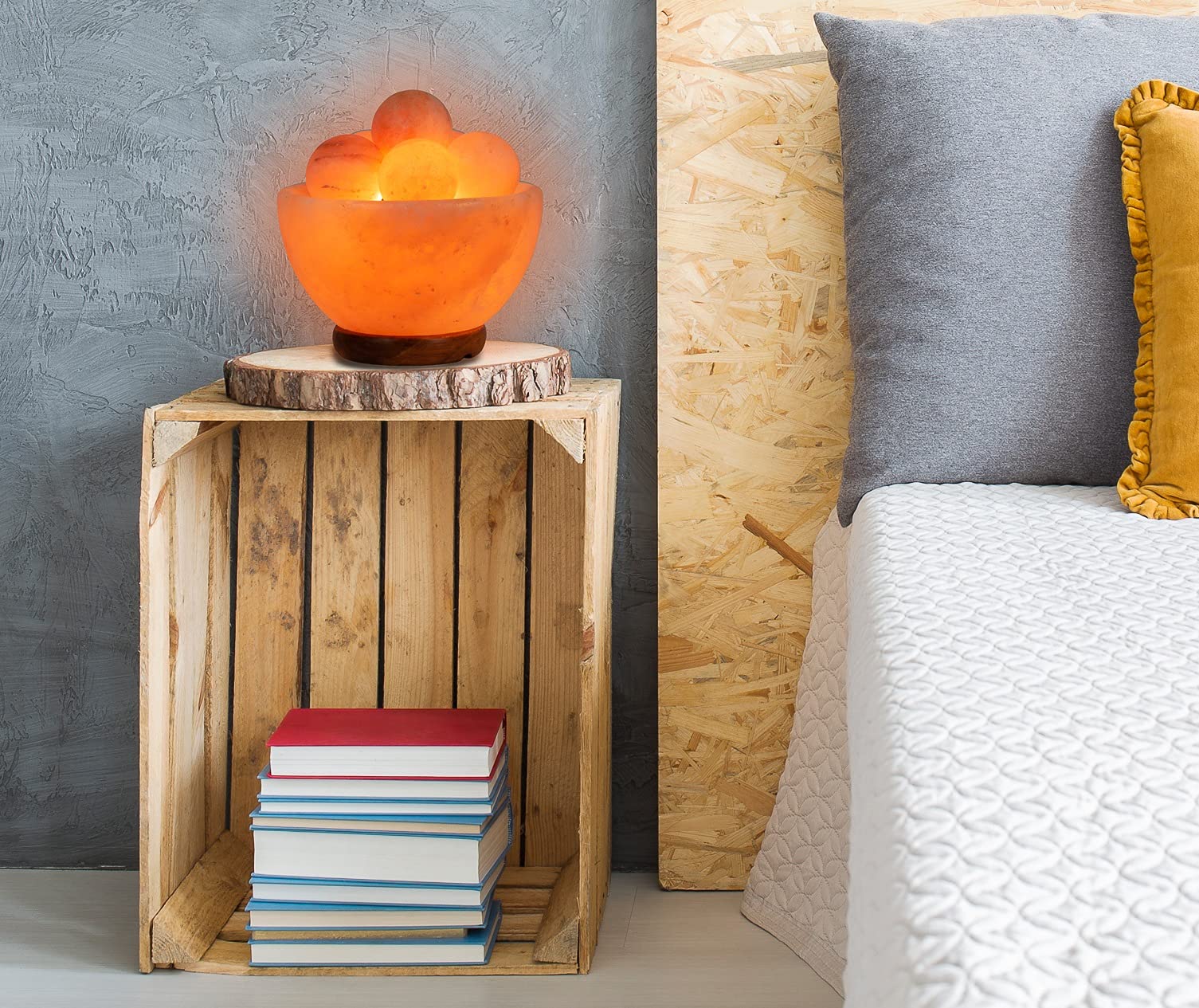 Spantik Himalayan Fire Bowl Salt Lamp in a dim room for peaceful evenings