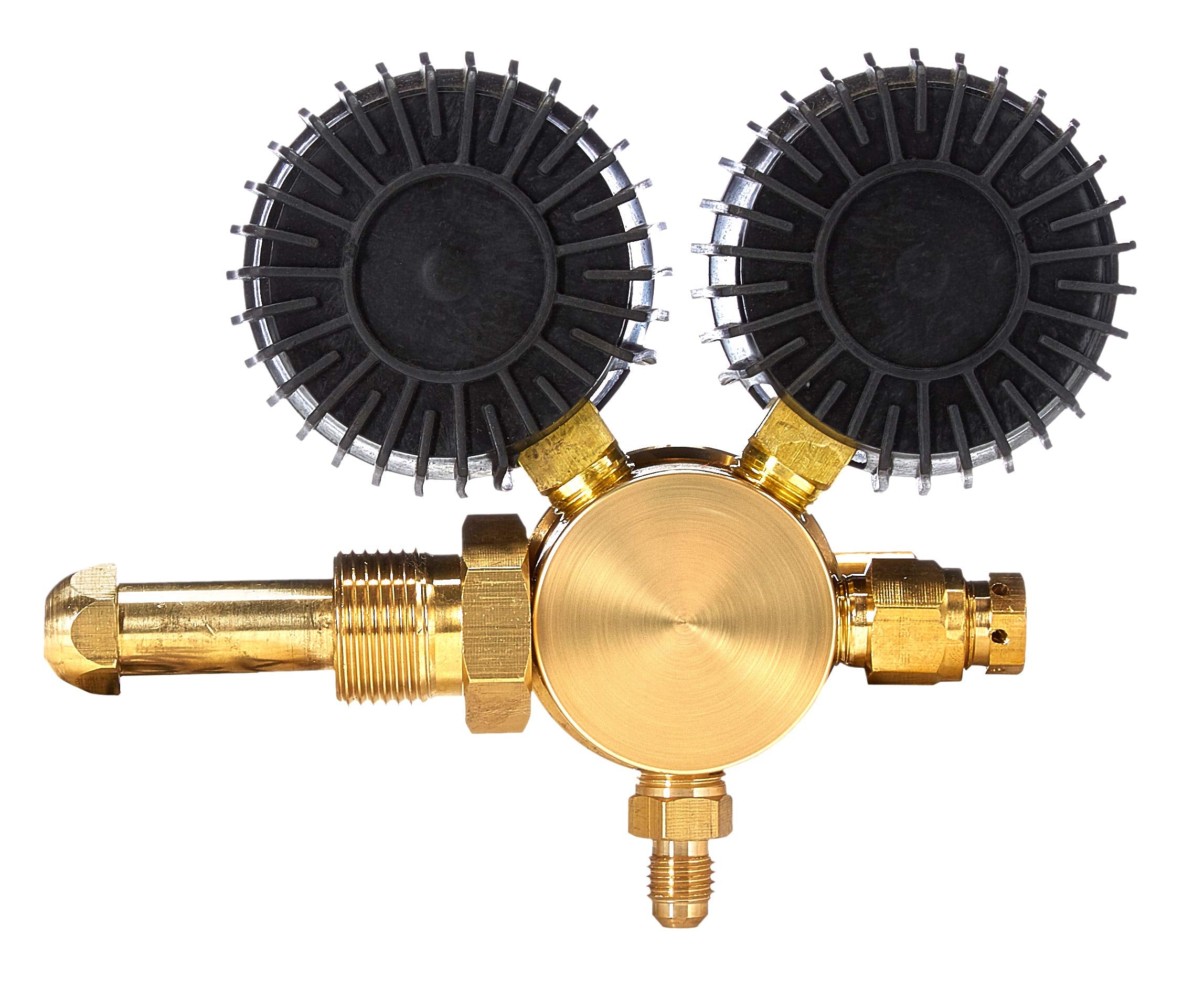 Brass SPARC regulator with 2-inch gauges and rubber protectors for durability.