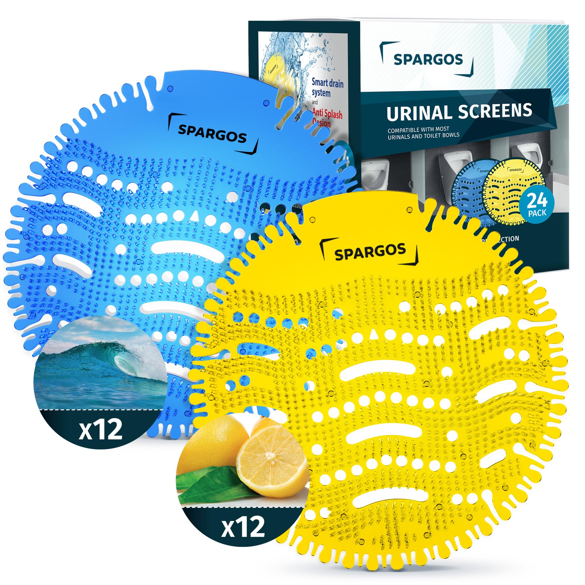 SPARGOS Blue Ocean urinal screen delivers fresh scent and odor control for busy bathrooms.