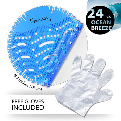 SPARGOS urinal screen Ocean Breeze reducing splash and keeping floors clean.