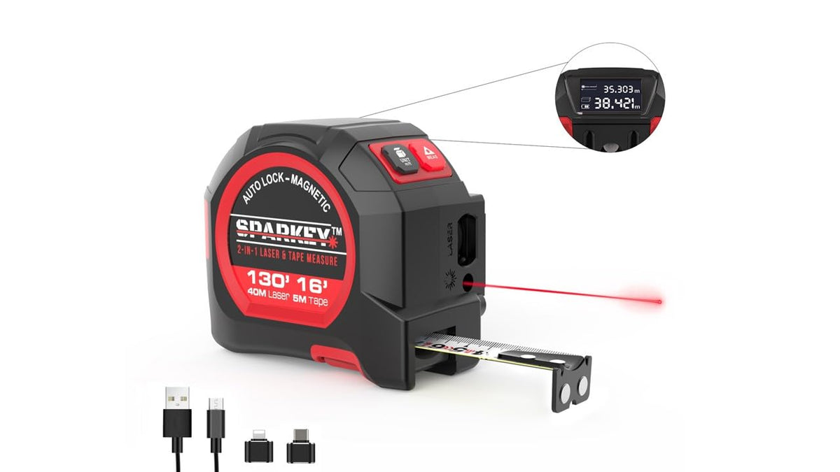 Sparkey 2-in-1 laser tape measure front view with 130ft distance reading.