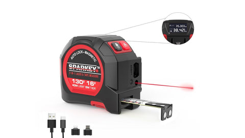 Sparkey 2-in-1 laser tape measure front view with 130ft distance reading.