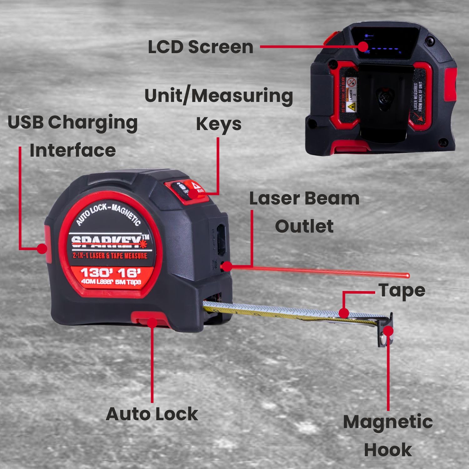 Sparkey magnetic hook attached to a metal surface during measurement.