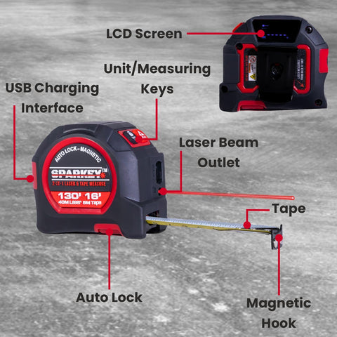 Sparkey magnetic hook attached to a metal surface during measurement.
