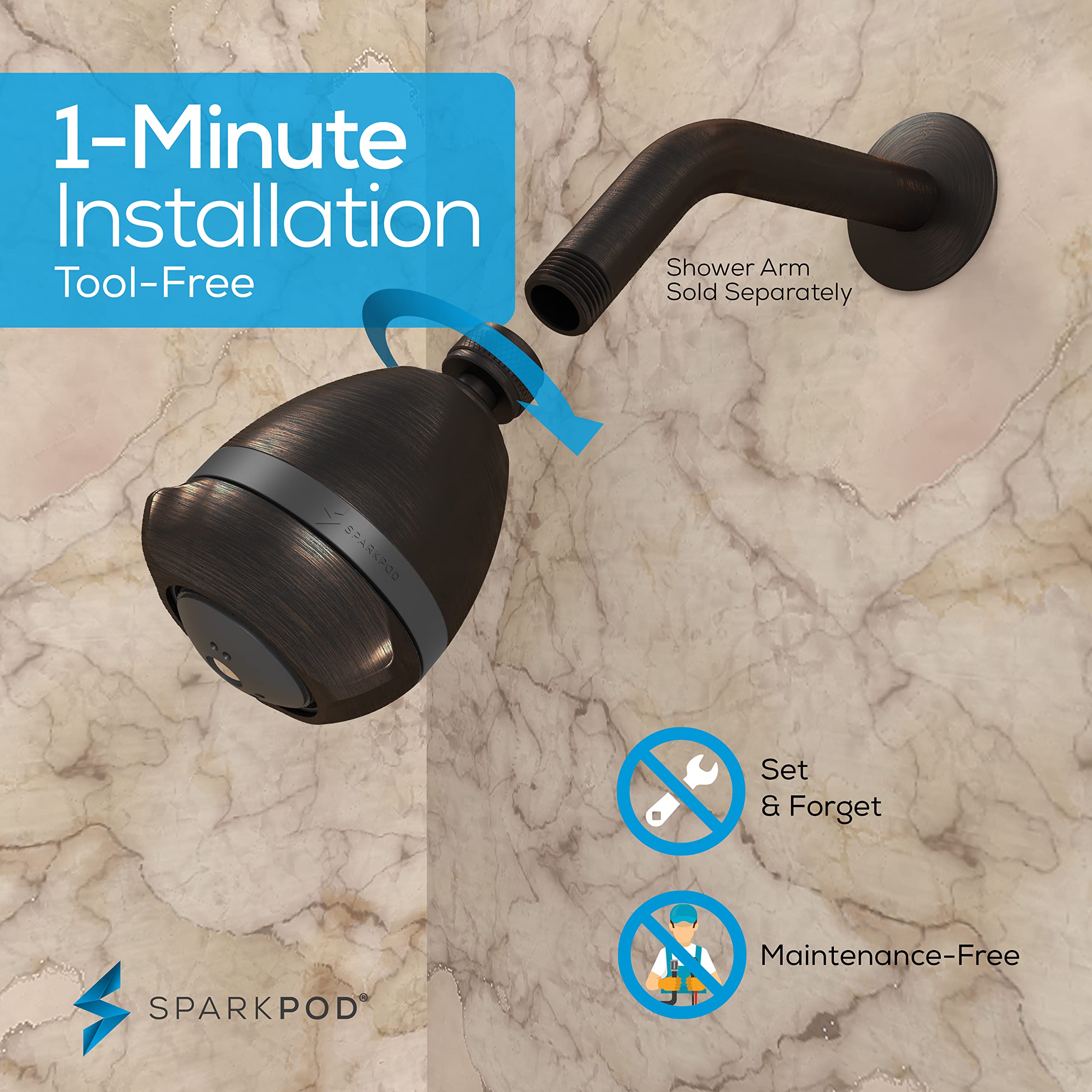 SparkPod shower head in rain mode for a spa-like shower