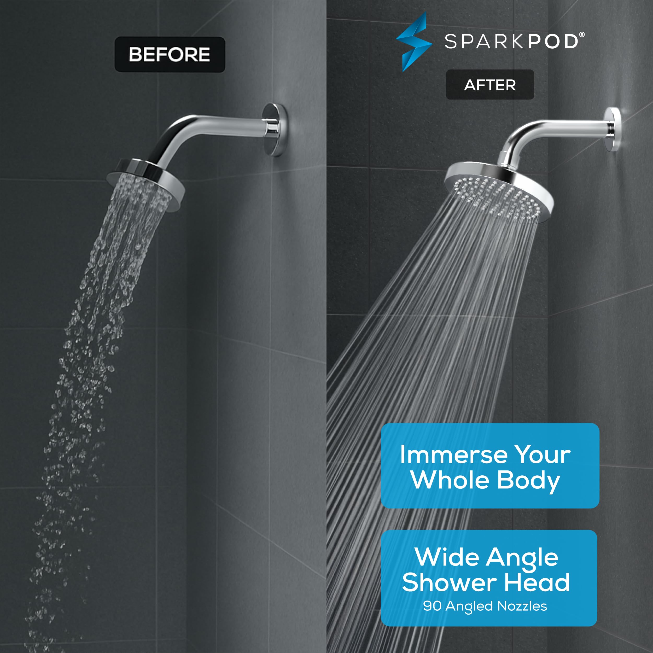 SparkPod easy-install shower head fits standard 1/2-inch arms quickly.