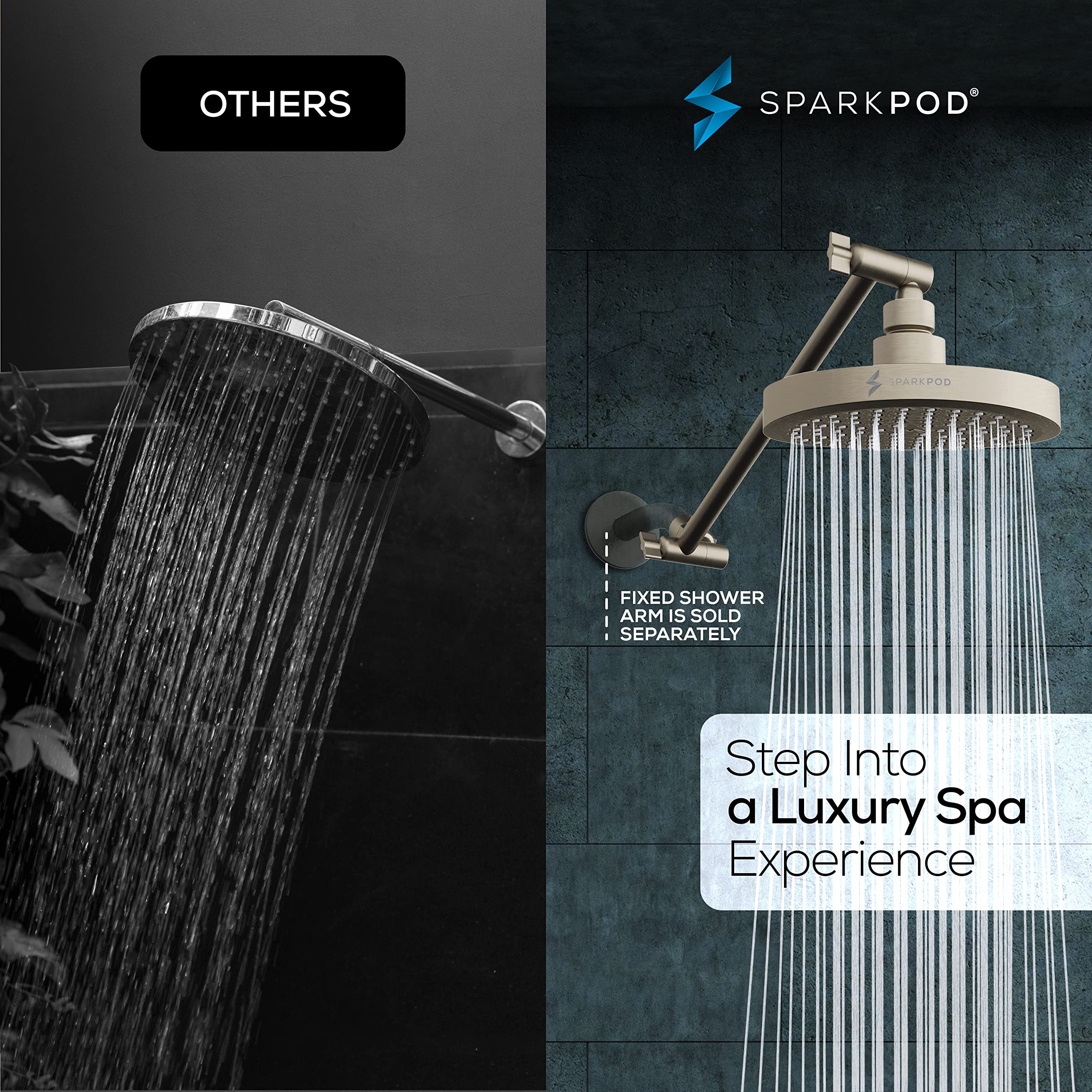 SparkPod 11-inch extension arm shown for wider shower coverage