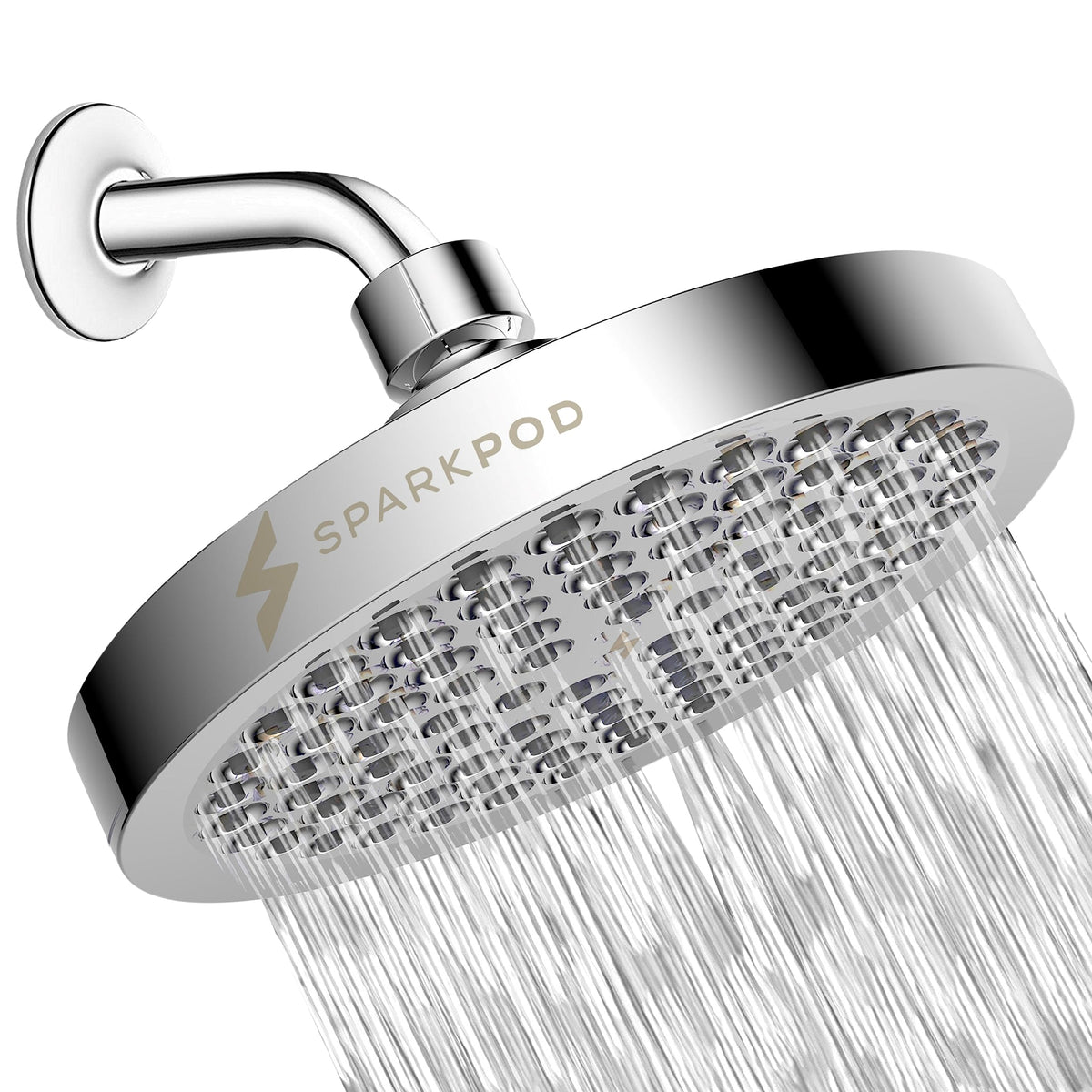 SparkPod high-pressure rain shower head delivers immersive full-body rinse.