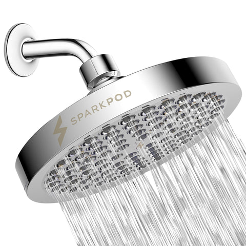 SparkPod high-pressure rain shower head delivers immersive full-body rinse.