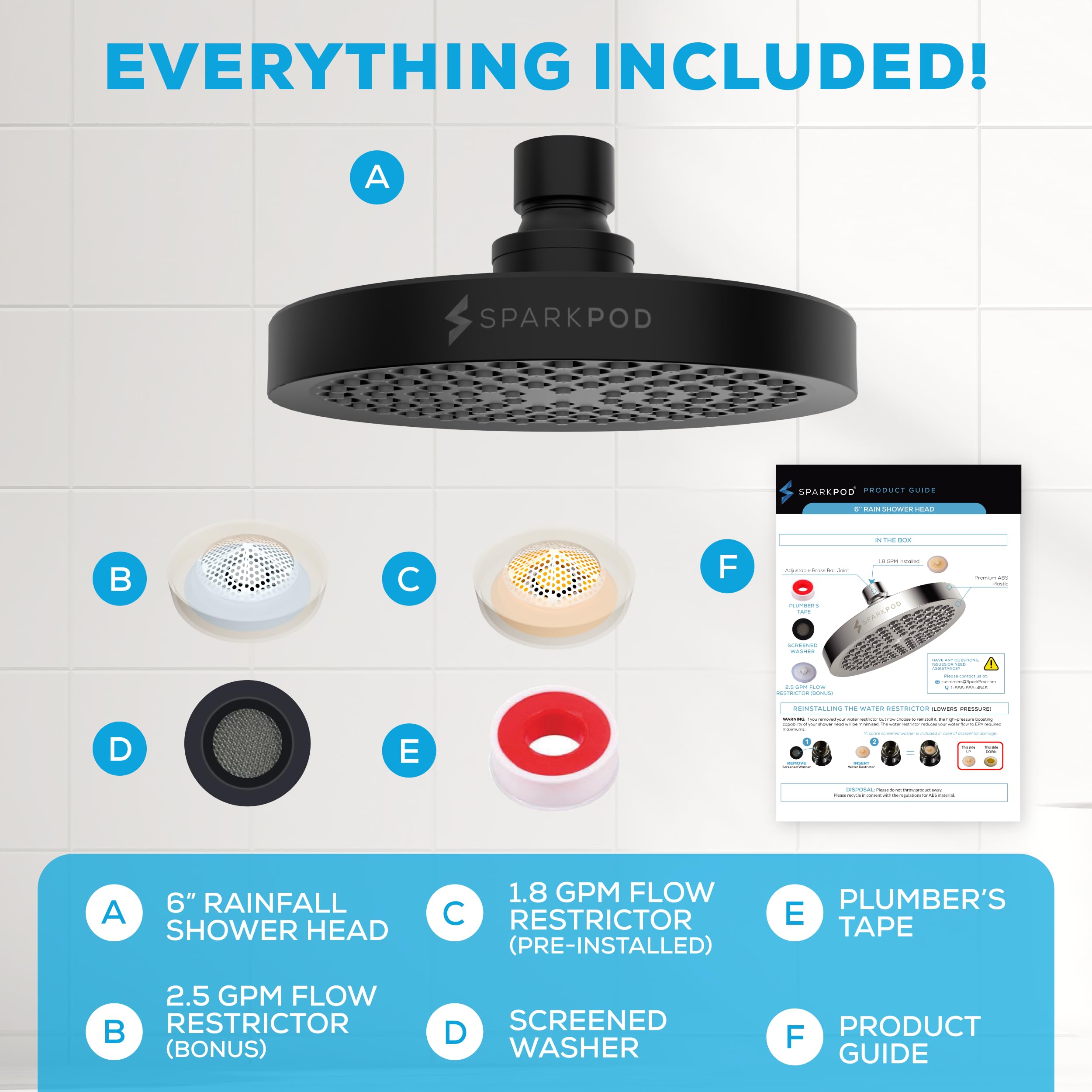 SparkPod includes plumber's tape and water filter for secure fitting.