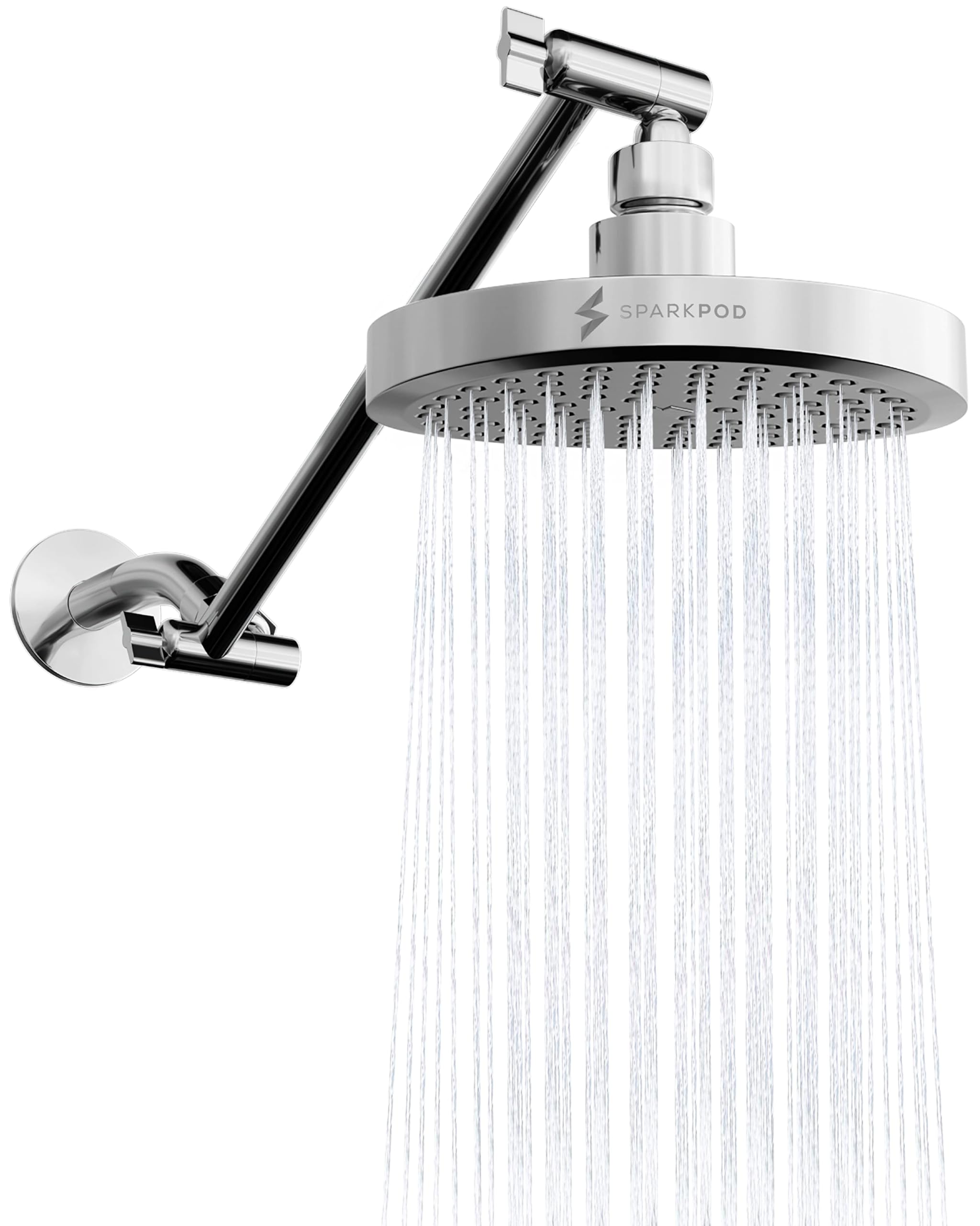 SparkPod round rain shower head with 11-inch arm extension for full-body coverage.