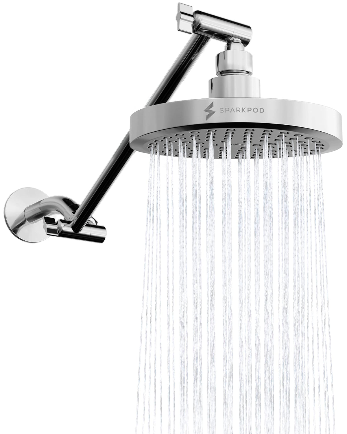 SparkPod round rain shower head with 11-inch arm extension for full-body coverage.