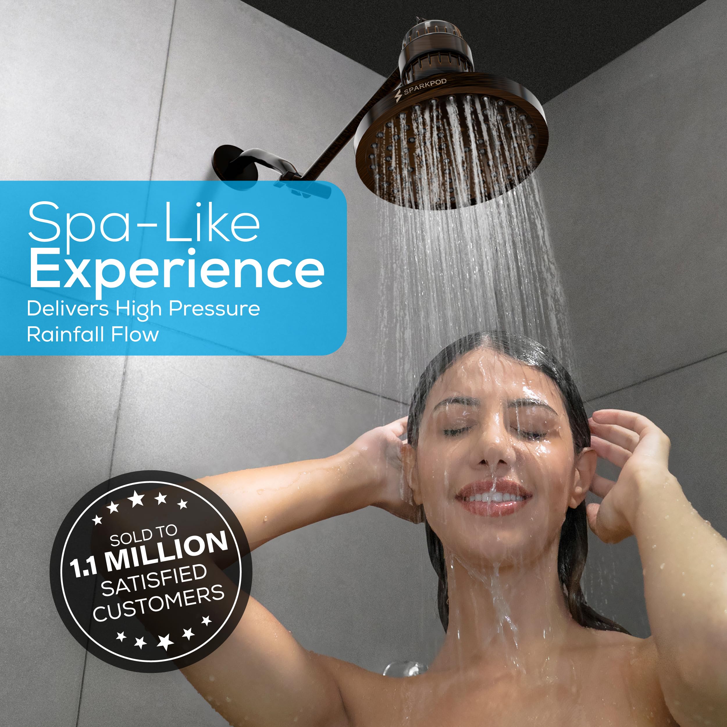 SparkPod 8-inch round bronze shower head highlighting broad spray area