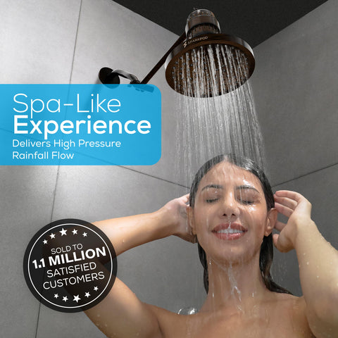 SparkPod 8-inch round bronze shower head highlighting broad spray area
