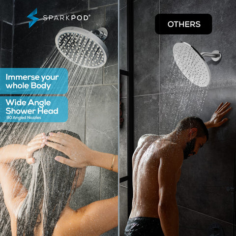 SparkPod 8-inch round shower head creates wide immersive rainfall