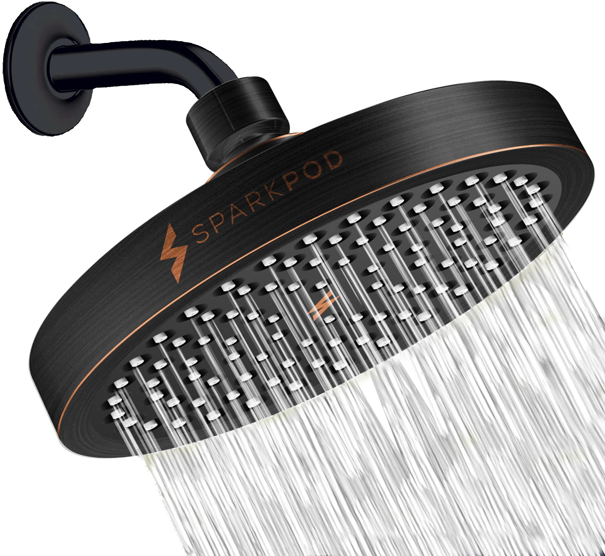 SparkPod high-pressure rain shower head in vintage bronze delivers immersive full-body coverage