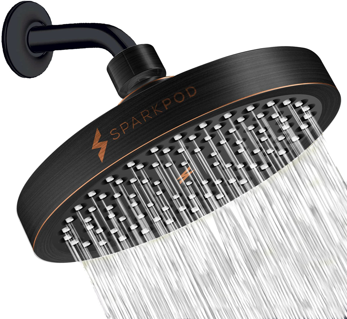 SparkPod high-pressure rain shower head in vintage bronze delivers immersive full-body coverage