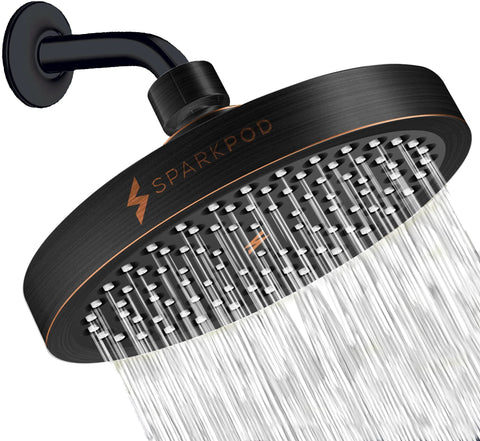 SparkPod high-pressure rain shower head in vintage bronze delivers immersive full-body coverage