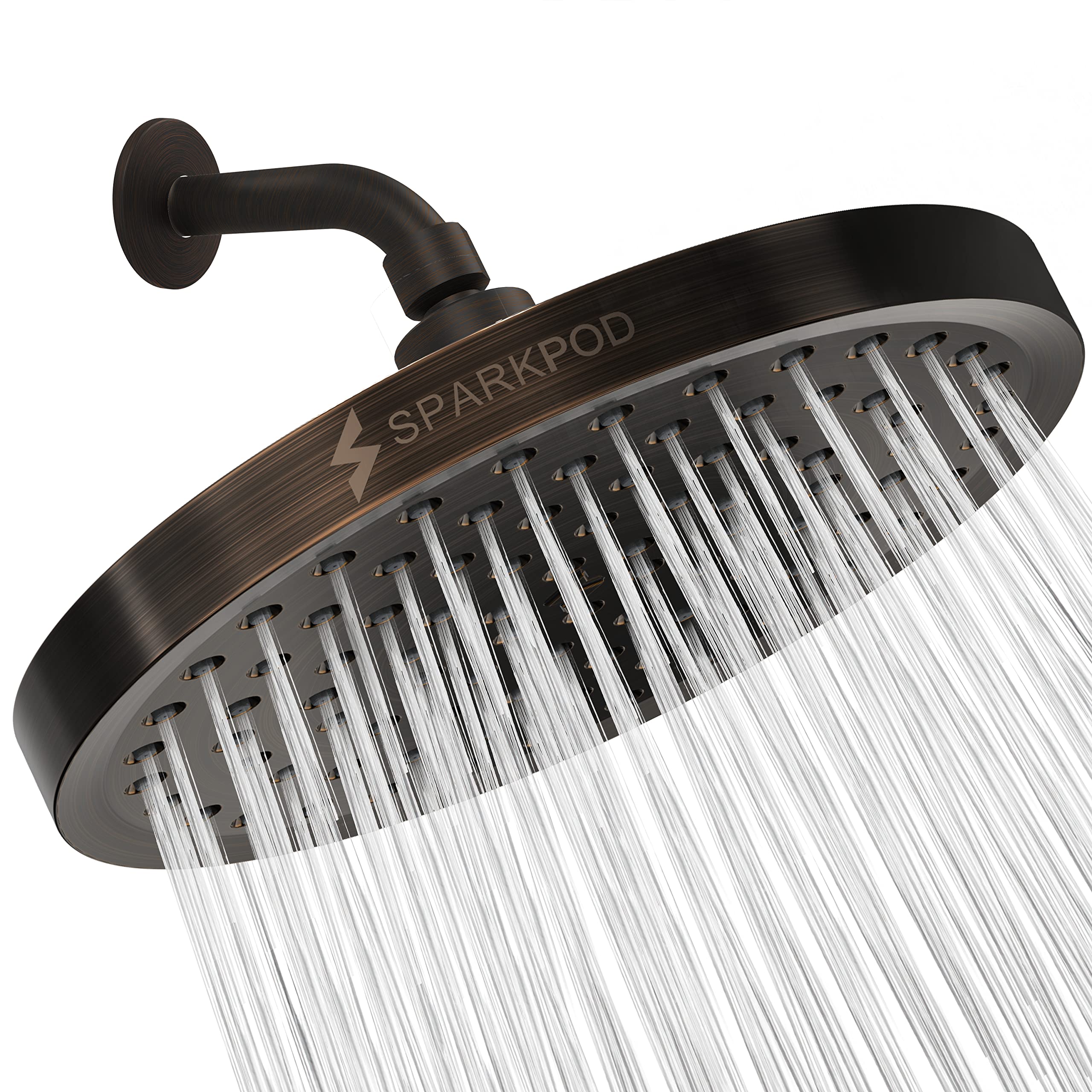 SparkPod high-pressure rain shower head in bronze finish providing full-body coverage