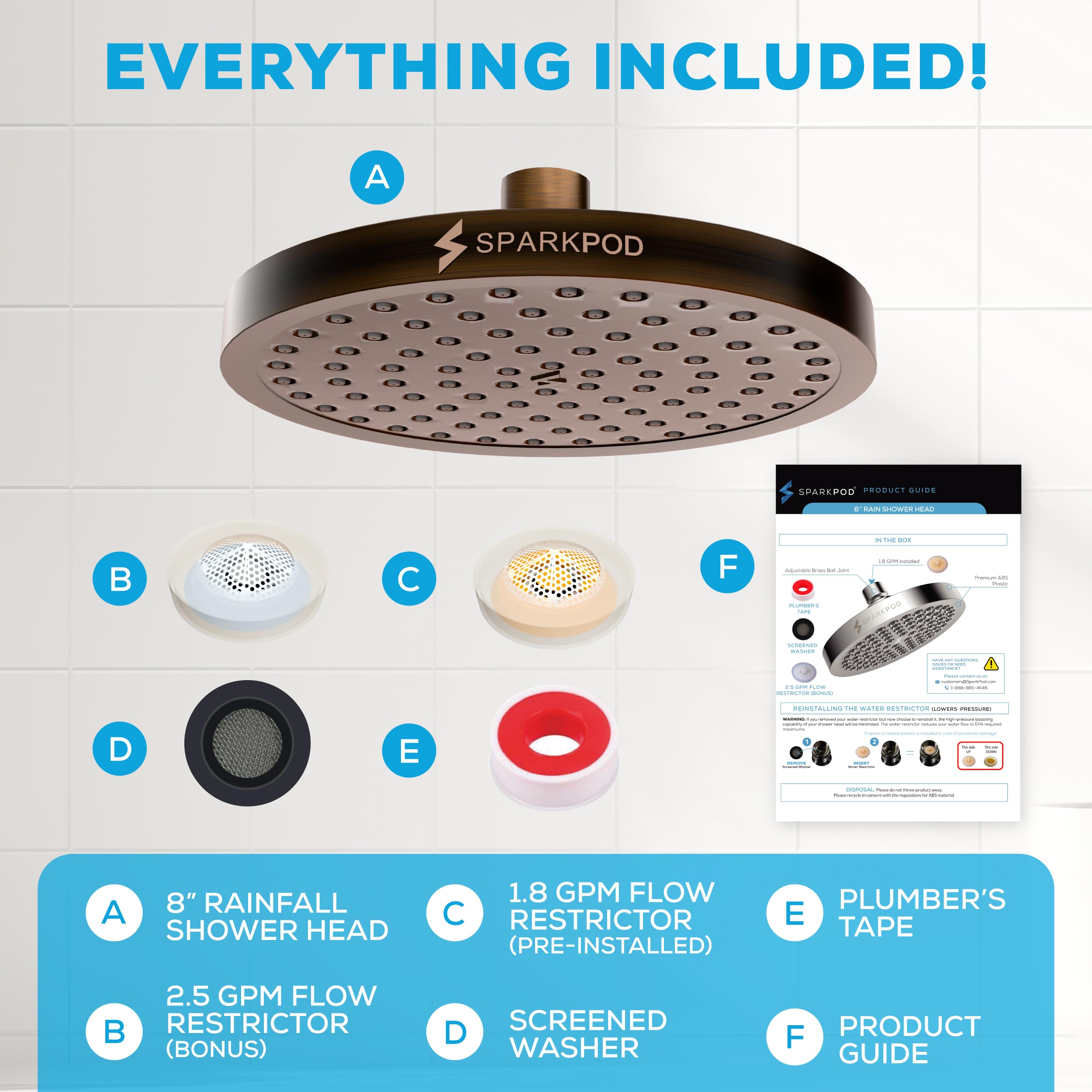 Luxurious SparkPod bronze shower head installed in a bathroom setting