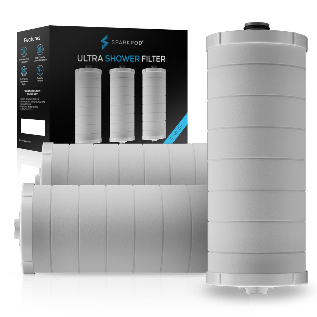 SparkPod Ultra Shower Filter Cartridge filtering water to 1-3 microns for purer showers.