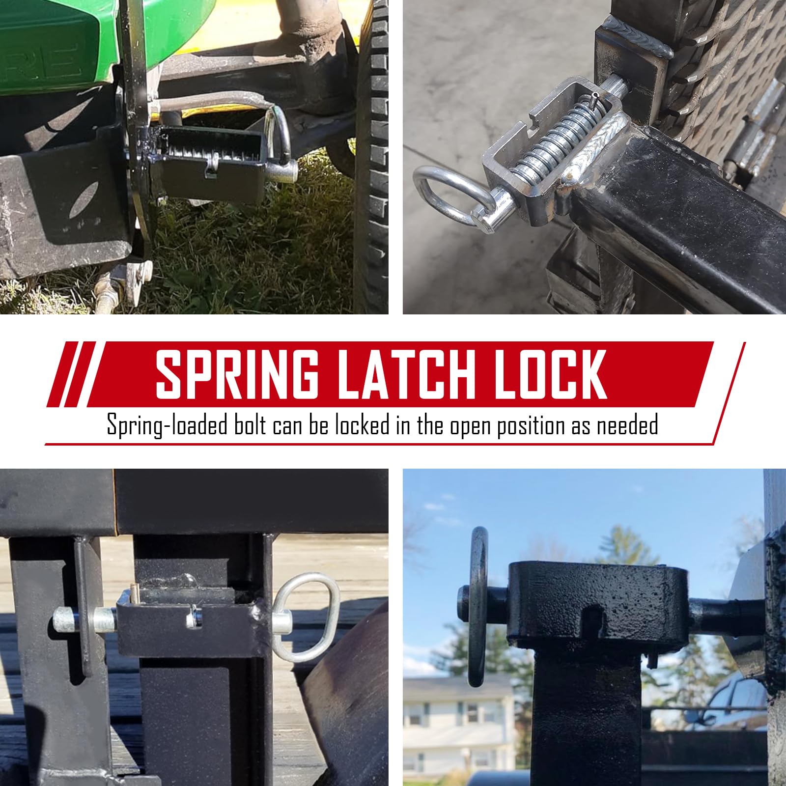 SPARKWHIZ trailer gate latch in plain tube showing rugged steel build for outdoor use