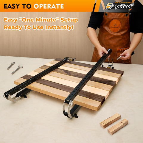SpeTool 4-way panel clamps in action provide bidirectional clamping for flat surfaces.