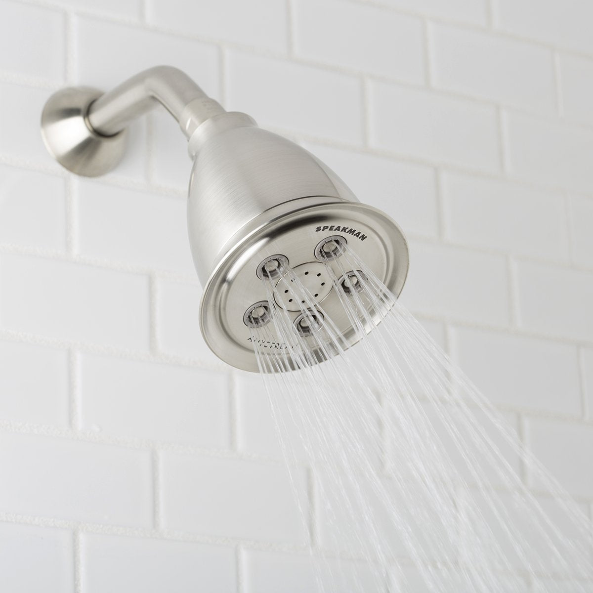 Speakman brushed-nickel finish resists corrosion for everyday use.