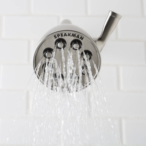 Speakman Icon Anystream shower head side shot highlighting adjustable spray settings for personalized showers.