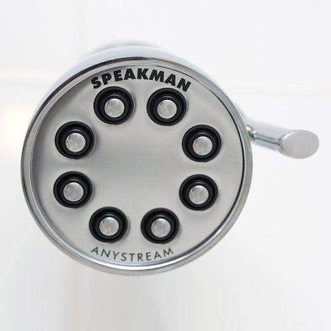 Speakman Icon Anystream water flow visualization hints high-pressure performance.