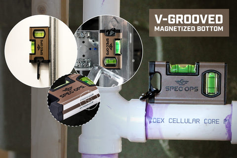 Spec Ops pocket level vial detail with brighter epoxy-locked vials for visibility.