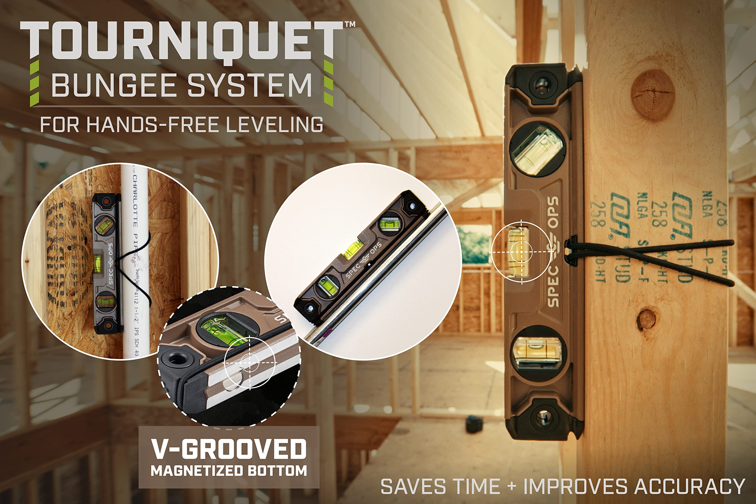 Spec Ops tourniquet bungee system enables hands-free setup on pipes and frames.