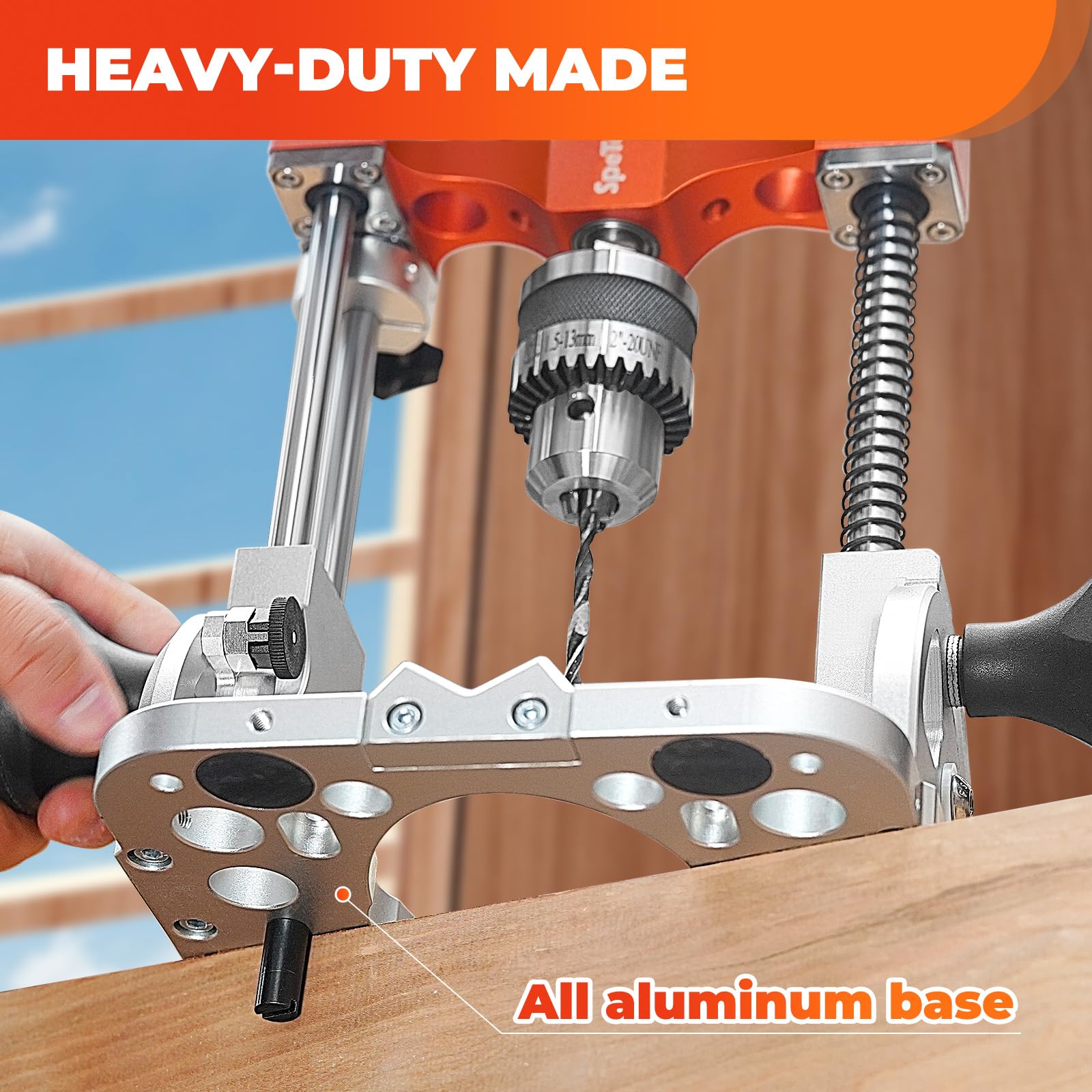 SpeTool aluminum base provides durable, stable support during drilling.